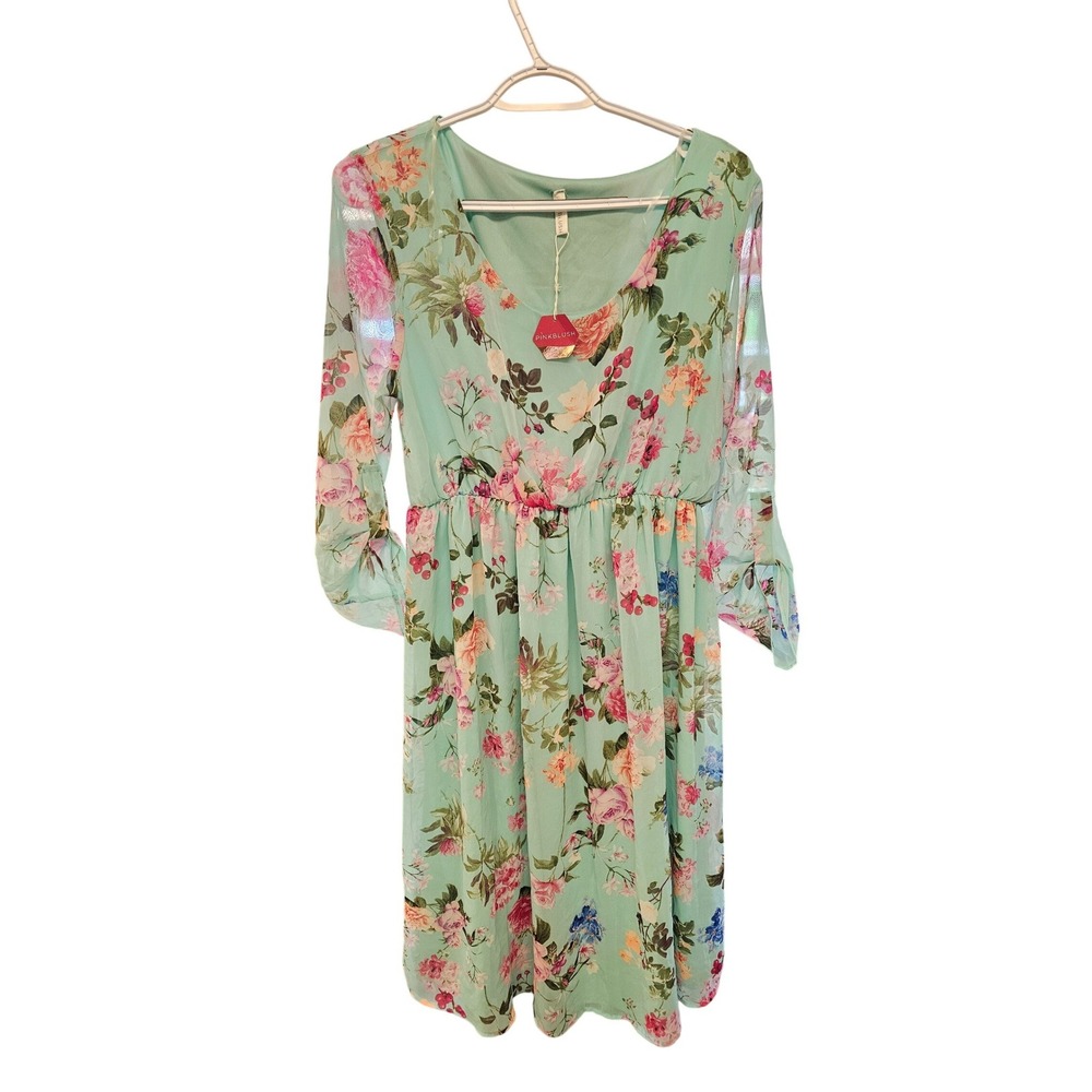 PinkBlush Mint Green Floral Chiffon V-Neck Maternity Midi Dress size L NWT